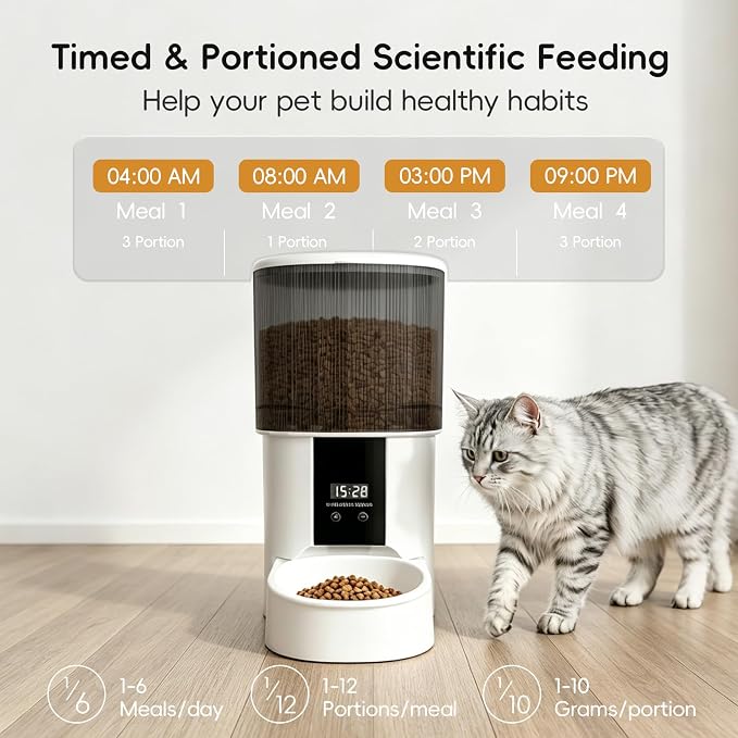 Automatic Cat Feeder, 4L/17 Cups Timed Dispenser for Cats & Dogs | Programmable 1-6 Meals & 1-9 Portions Daily, Stainless Steel Bowl, Anti-Jam Design, Dual Power Supply & Lock-Fresh Tech