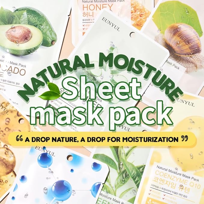 EUNYUL Natural Mask Sheet [Pack of 10] - 10 Types of Korean Face Sheet Masks for Intense Hydrating, Soothing & Glowing Skin - K-Beauty Skin Care Set