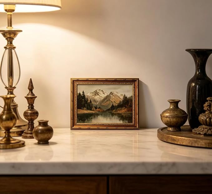 Vintage Gold Framed Landscape Canvas Wall Art Mountain with Forest Trees Lake Painting Picture Wall Decor Nature Scenery Green Botanical Poster Print Artwork for Living Room Office Home Decoration