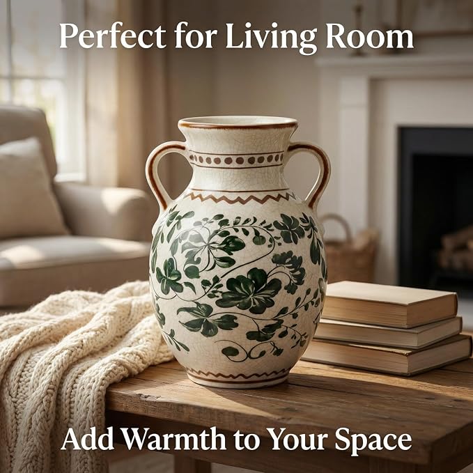 EFISPSS Ceramic Vintage Vase Decorative Spring Decor Chinese Crackle Floral Handle for Dining Room Living Room Green