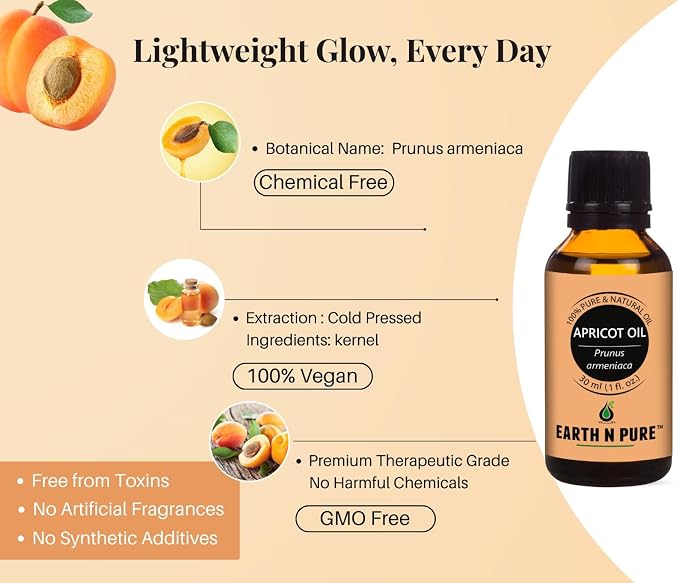 Earth N Pure Apricot Oil (Khumani Oil) Cold Pressed, Natural and Therapeutic Grade 15 ml