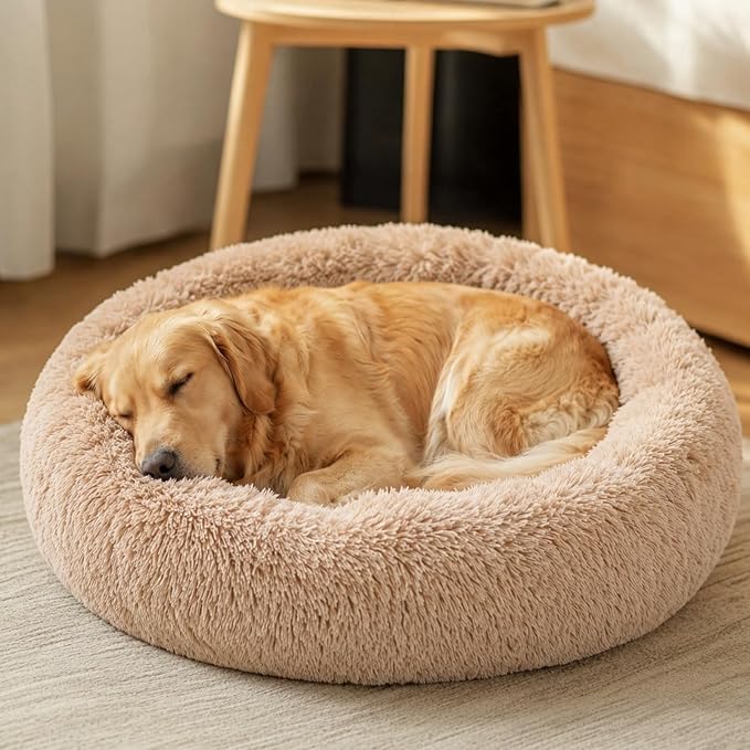 JOLLYVOGUE Calming Dog Beds Extra Large Sized Dog, 45in Donut Washable Large Pet Bed, Anti-Slip & Anti-Anxiety Fluffy Faux Fur Round Dogs Bed, Fits up to 125 lbs Pets (Camel)