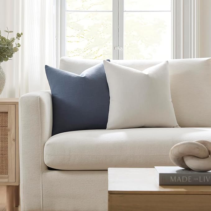 Meekio Set of 2 Blue Gray Throw Pillow Covers 16x16, Modern Farmhouse Linen Blend Decorative Pillow Covers for Couch Sofa Bed, Neutral Home Decor