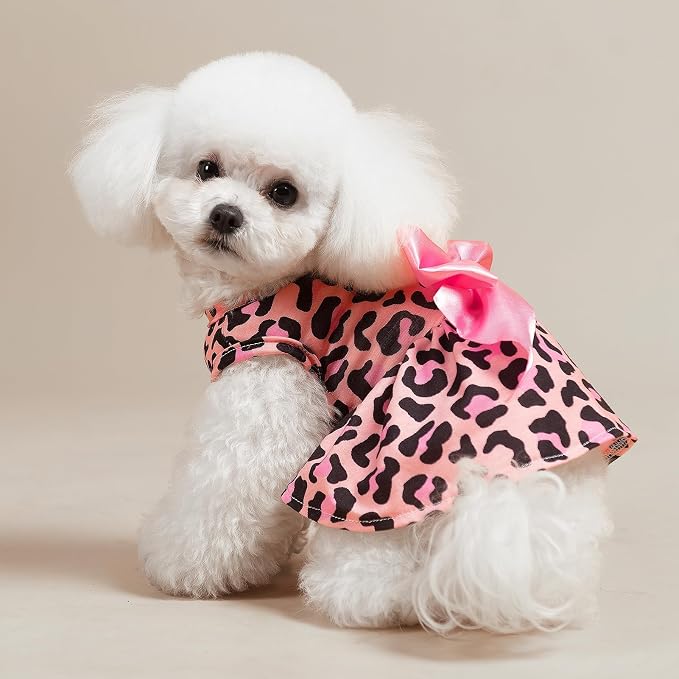 PUPTECK Fashionable Dog Dress with Bow Puppy Clothes, Pink Leopard Print L | Breathable Puppy Doggie Pet Clothes Outfits Apparel Costume for Party Holiday Photoshoot for Small Medium Large Dogs Girl