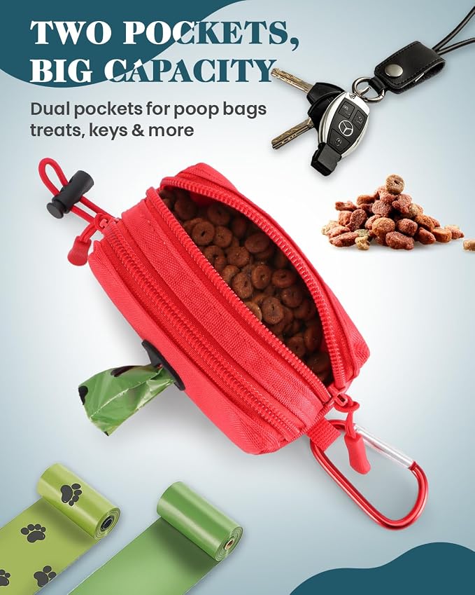 Dog Poop Bag Holder for Leashes, Red Doggie Waste Bag Dispenser and Treat Holder, with Carabiner Hook and Poop Bag Clip, Used Waterproof Wear-Resistant Fabric and 2 Zippered Pouches for Walking