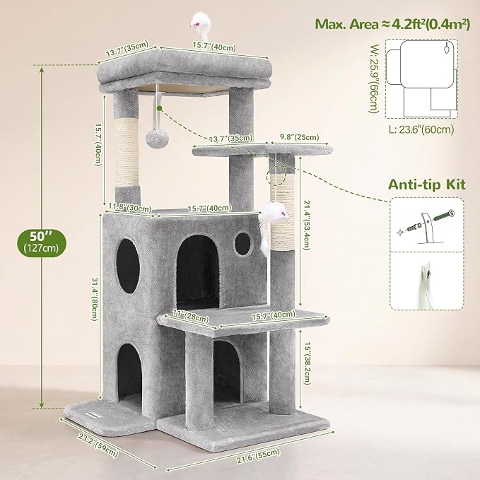 Globlazer Cat Tree Tower for Indoor Cats, 50-inch Adult Cat Tree House for Large Adult Cats with Steps, Scratching Post, 2 Cat Caves, Dangling Toys, FC50, Light Grey