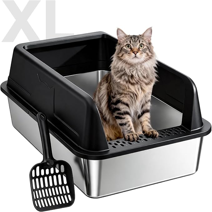 High-Sided Stainless Steel XL Cat Litter Box for Cats | High-Sided Design Prevents Urine Leakage,Non-Stick,Easy to Clean,Includes Scoop,Black