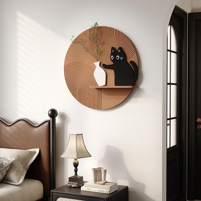 3D Textured Round Cat Wall Art with Shelf, Modern Minimalist Brown Sandstone Texture Artwork for Walls, Black Cat Geometric Wall Art Decor for Living Room, Hallway, Dining Room, Bedroom, Office, 24x24