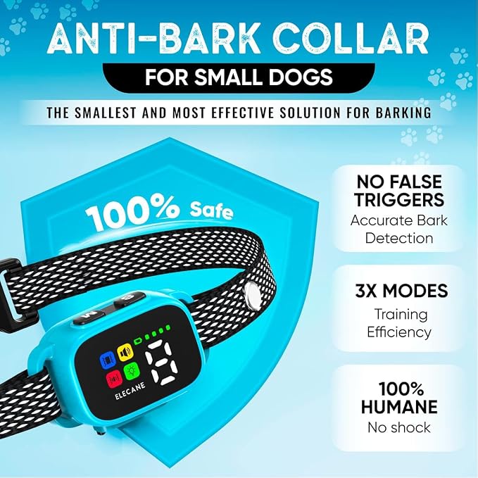 Tiny Bark Collar for Small Dogs 5-15 lbs and Puppies - No Shock Anti Barking Collar - Rechargeable Smart Collar for Dog Training with 7 Sensitivity Levels and 3 Beep&Vibration Modes (Blue)