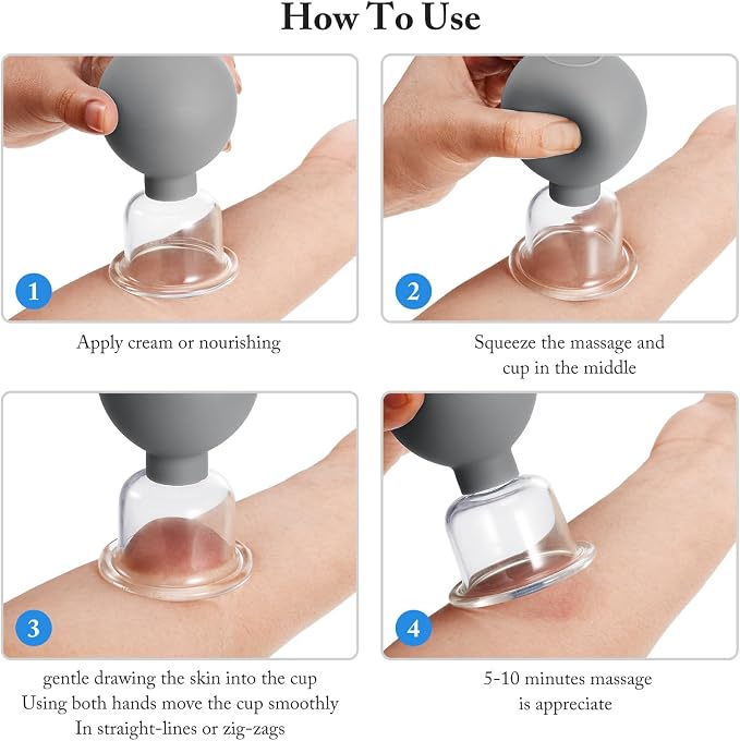 BBTO 4 Pcs Glass Facial Cupping Set Silicone Vacuum Suction Massage Cups Skin Tightening Therapy for Face Body Eyes Back Shoulder Pain(Grey)