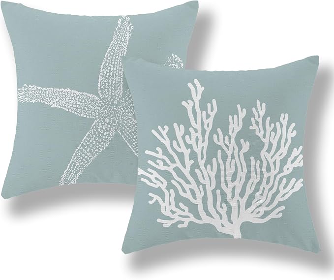 Coastal Pillow Covers 20x20 Inch Set of 2 Blue Coral Starfish Throw Pillows Nautical Ocean Decorations Summer Linen Beach Pillowcase Outdoor Decor Farmhouse Cushion Case for Home Living Room