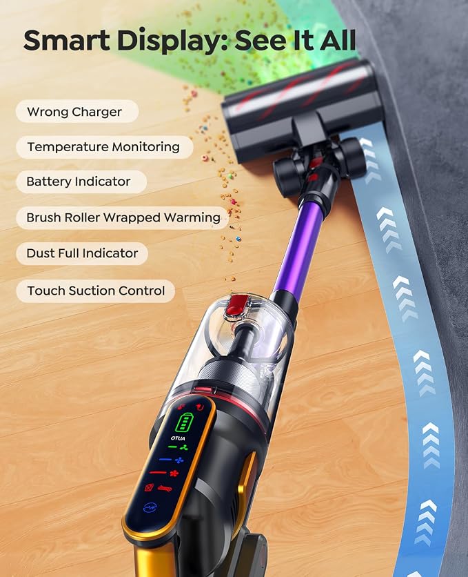 Cordless Vacuum Cleaner 55KPa 650W 70Mins Stick Vacuum Cleaners for Home | with Pet Brush, 3.3Ft Hose, Wall Mount Charging, Auto Mode, Touchscreen, Self-Standing Vacuum for Pet Hair/Carpet/Car