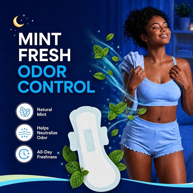 BST Mint Fresh Extra Heavy Overnight Pads for Women, Period Pads with Wings, Feminine Care, Ultimate Absorbency, Odor Control Sanitary Napkins（4 Count, Packaging May Vary）