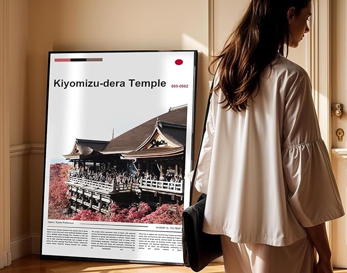Poster Kiyomizu-dera Temple Wall Art Original Design(24"x16" Wrapped Canvas)Kyoto Japan Pagoda Print Autumn Red Maple Leaf Landscape Scenery Buddhist Shrine Zen Culture Travel Landmark Series Picture