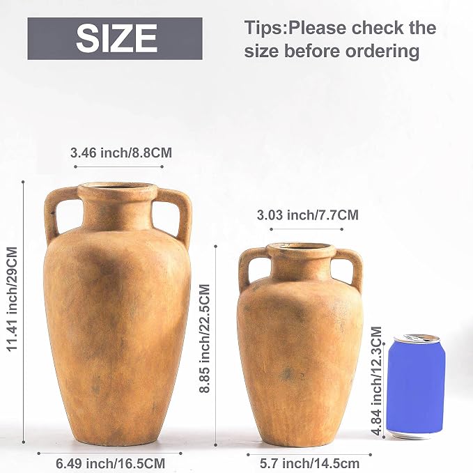Ceramic Vase with 2 Handles, 11.41 Inch Rustic Farmhouse Vase | Terracotta Wide Mouth Vase Adds Rustic Farmhouse Charm to Living Room, Entryway, Shelf, and Table Decor, Perfect for Weddings