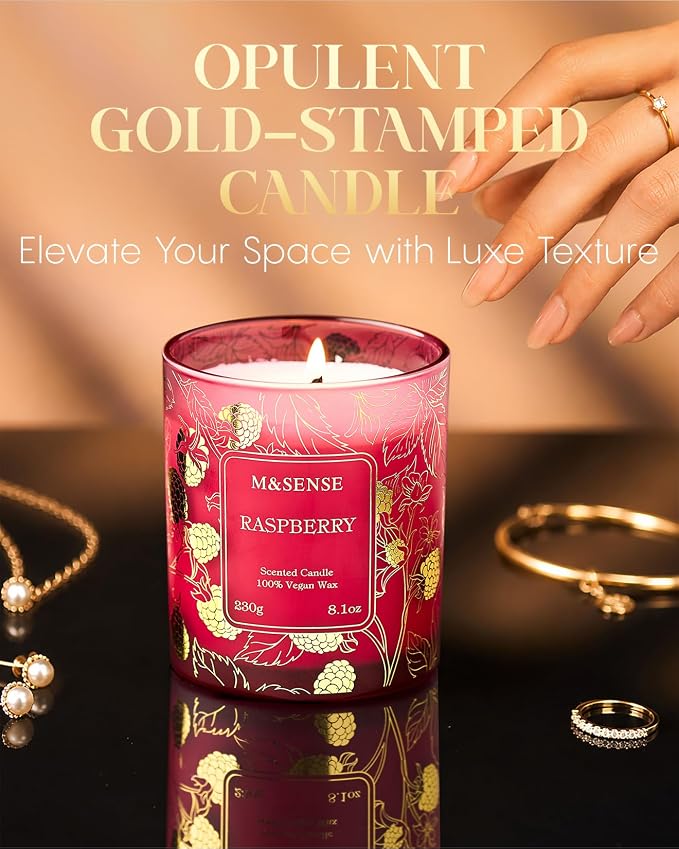 M&SENSE Raspberry Soy Candle, 8.1oz Gilded Glass Winter Gift | 42H Long Burn, Natural Soy Wax, Gilded Glass Jar, Berry Scent, Aromatherapy Calm, Warmer Safe, Reusable Eco Jar