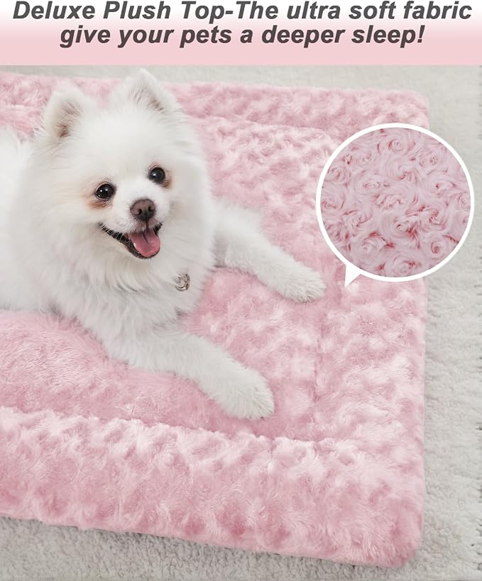 Exsnugy Washable Dog Bed Mat Large Size Fluffy Pet Crate Pad 48x30 XXL | Non-Slip Bottom Kennel Beds Ultra Soft Comfy Sleeping Mattress for Large Medium Small Dogs Pink