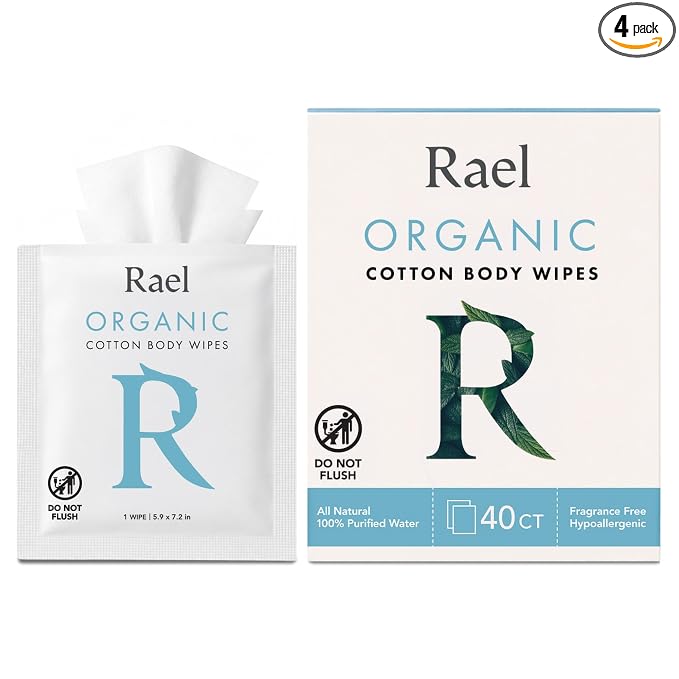 Rael Organic Cotton Wipes - Body Cloth, Individually Wrapped, All Skin Types (10 Count, Pack of 4)
