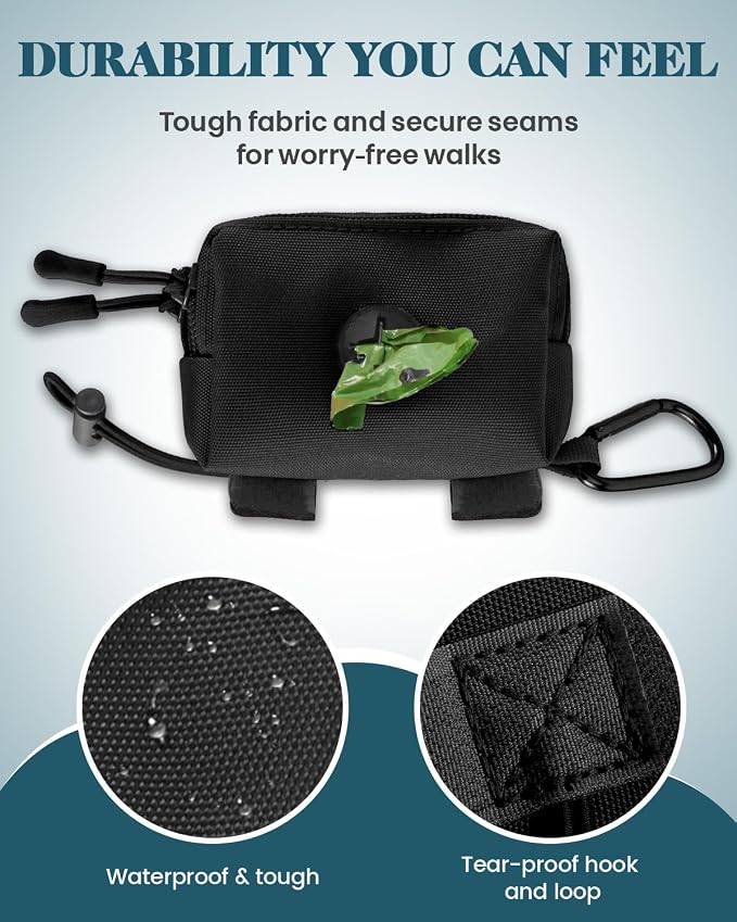 Dog Poop Bag Holder for Leashes, Black Doggie Waste Bag Dispenser and Treat Holder, with Carabiner Hook and Poop Bag Clip, Used Waterproof Wear-Resistant Fabric and 2 Zippered Pouches for Walking