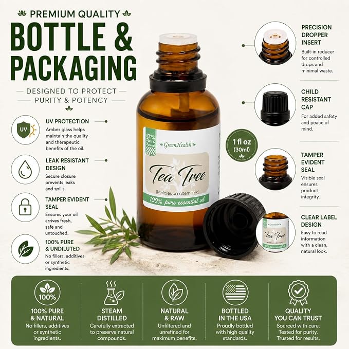 Tea Tree Essential Oil 1 fl oz – 100% Pure & Natural, Uncut & Undiluted – Therapeutic Grade for Diffuser, Aromatherapy, Home Use – Greenhealth