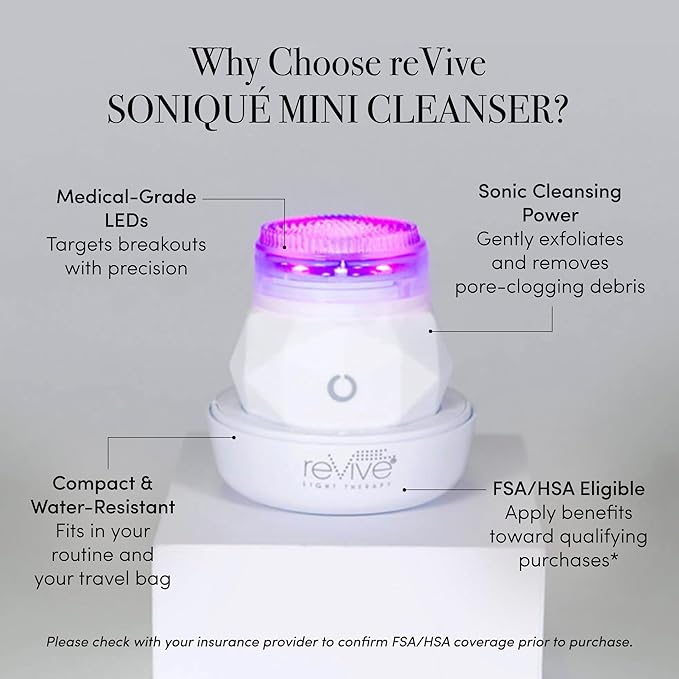 reVive Light Therapy Soniqué Mini Acne Cleanser, Battery-Operated Sonic Face Cleanser Brush with Blue & Red Light Therapy, Medical-Grade Acne Device for Face & Body, Water-Resistant, FSA HSA Eligible
