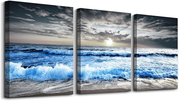 MHARTK66 3 Panel Blue Beach Canvas Wall Art for Home Decor Bedroom Wall painting Sunset White Wave Beach Pictures on Canvas Sea View Canvas Prints Artwork for Wall Decor Living Room Decorations
