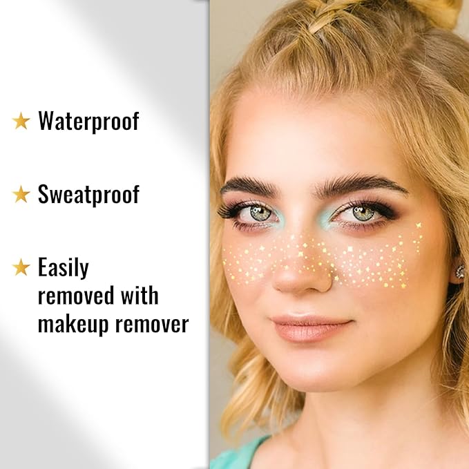 24PCS Glitter Tattoo Kit,Glitter Freckles Face Tattoo,Sparkle Speckles Patches Waterproof Temporary Tattoo,Cute Star Metallic Glitter Temporary Tattoo,For Women Girls Festival Party Face Decor