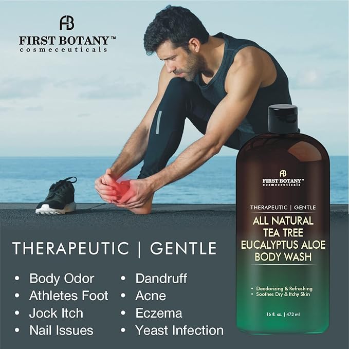 First Botany, ALL Natural Body Wash - Fights Body Odor, Athlete's Foot, Jock Itch, Nail Issues, Dandruff, Acne, Eczema, Shower Gel for Women & Men, Skin Cleanser -16 fl oz (Tea Tree Eucalyptus)