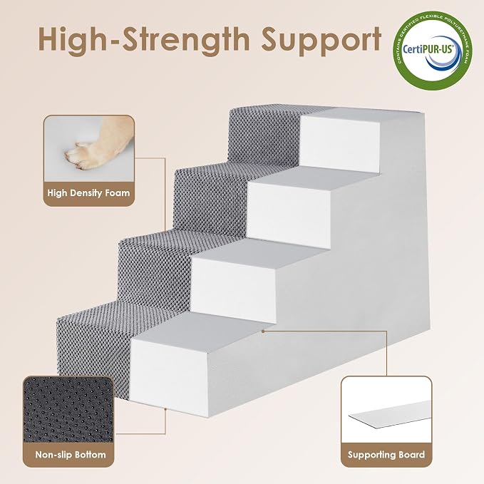 EHEYCIGA Dog Stairs for Bed 20" H, 4-Step Extra Wide Dog Steps, Grey | Pet Steps for Small Dogs and Cats for High Bed, Non-Slip Balanced Pet Ramp Indoor