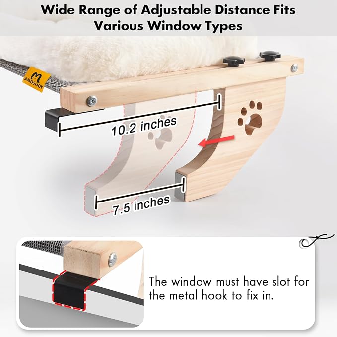 AMOSIJOY Wooden Cat Windowsill Perch with Zipper Cushion Bed, 24.4in | Sturdy Wood & Metal Frame Hold up to 40lbs, Machine Washable, Easy to Adjust, Hook-on Mounting Cat Hammock Seat for Large Cat