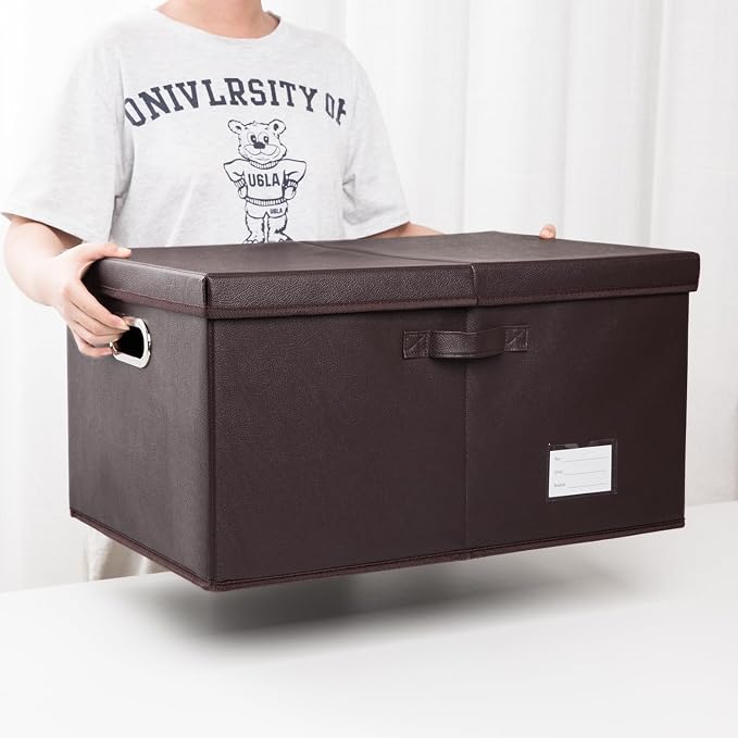 Collapsible Storage Box with Lid [3-Pack] Leather Fabric Foldable Storage Bin Organizer Container Basket Cube with Cover for Home Bedroom Closet Office Nursery Brown(22.8X15.7X11.8)
