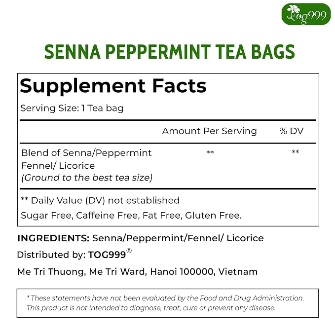 TOG999, 100 Tea Bags, Blend of Senna Leaves - Peppermint - Licorice - Fennel, 100% Natural Ingrendients, Hand-made Herbal Tea, Relieves Constipation Naturally Tea, No Sugar, No Caffeine, No Gluten, Vegan.