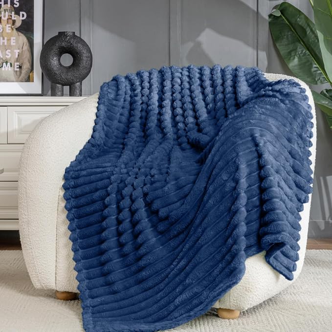 Wider Striped 380gsm Navy Throw Blanket for Couch Super Soft Cozy Blankets for Women Fuzzy Fleece White Blanket for Bed Sofa 50x60
