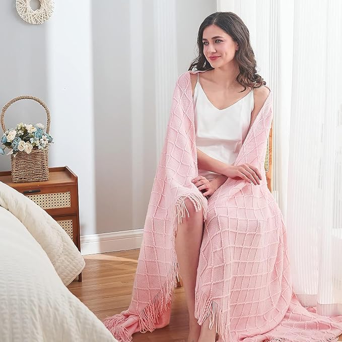 inhand Pink Knitted Throw Blanket for Couch and Bed, 60"x80" | Gifts for Mom from Daughter Son, Romantic Decor for Her Him Girlfriend Wife, Farmhouse Warm Woven for Women, Soft Cozy Knit