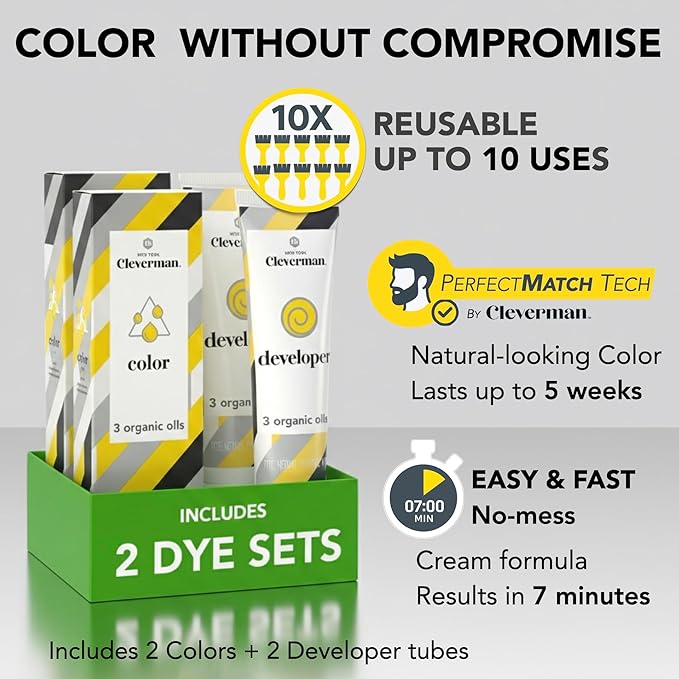 2X Reusable Hair & Beard Dye for Men – Jet Black | Up to 10 Uses, 7 Minutes | Natural Gray Coverage, No-Drip Cream with SkinArmour® – Cleverman