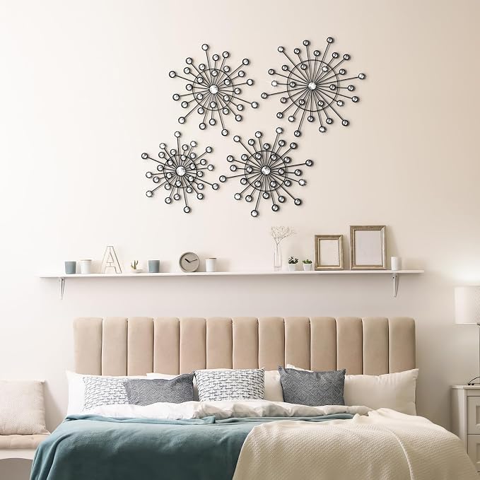 Blulu 4 Pcs Metal Wall Decor Bling Crystal Wall Art Cast Iron Rhinestones Sunburst Decor Starburst Art Hanging Diamond Accents Home Decorative for Living Room Bedroom Entryway(Black)