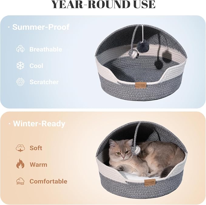 CHEERPALS Cat Basket Bed with Washable Cushion and Ball Rope Cotton, Covered Pet Bed for Indoor Cats Cave Bed Hooded, Stimulicat Cat Bed Handwoven Breathable, All Season Universal(Blue)