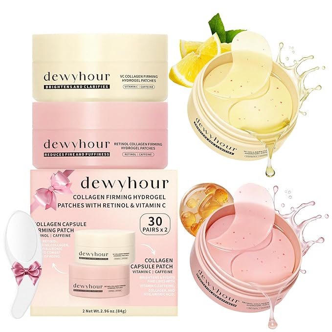 dewyhour Collagen Firming Hydrogel Patches With Retinol & Vitamin C- Under Eye Patches for Puffy Eyes & Dark Circles, Moisturizing Eye Mask with Caffeine & Hyaluronic Acid, Gentle Korean Skincare