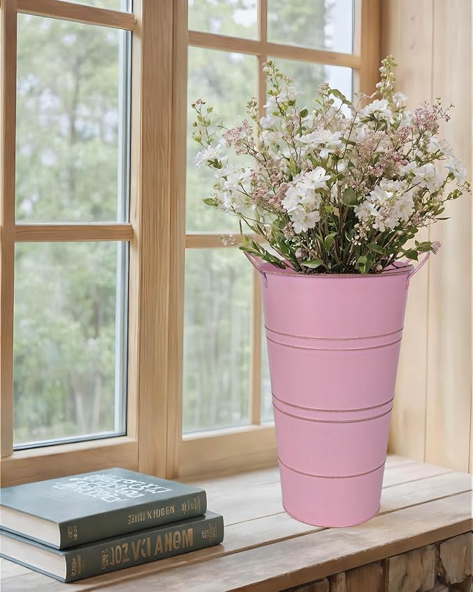12 Inch Galvanized Metal Vase, 6 Pack Tall Flower Buckets with Handles | Galvanized metal flower buckets with handles, rustic tall vase design for dried flowers, weddings, farmhouse and home decor.