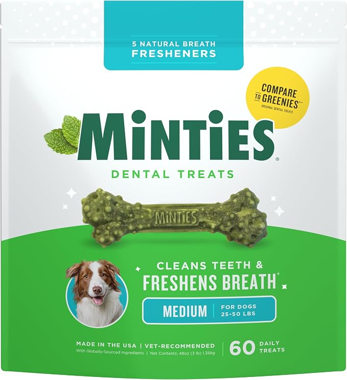 Minties Dental Chews for Dogs, 60 Count, Vet-Recommended Mint-Flavored Dental Dog Treats for Medium Dogs, Bones Clean Teeth, Fight Bad Breath, and Removes Plaque and Tartar | Vet-recommended mint dental bone; scrubs teeth as dogs chew; fights plaque, t...