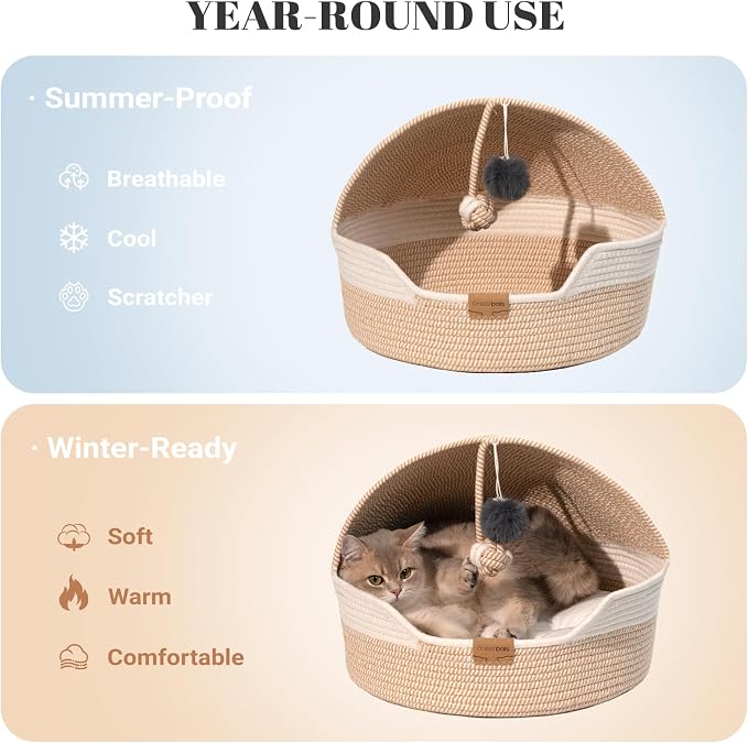 CHEERPALS Cat Basket Bed with Washable Cushion and Ball Rope Cotton, Covered Pet Bed for Indoor Cats Cave Bed Hooded, Stimulicat Cat Bed Handwoven Breathable, All Season Universal(White)
