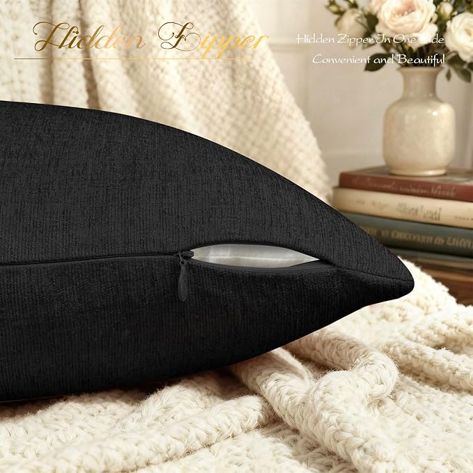 BRAWARM Throw Pillow Covers 12x20 Inches - Black Chenille Lumbar Pillow Covers Pack of 2, Solid Dyed Soft Chenille Pillow Cases for Couch Sofa Bed Home Decoration
