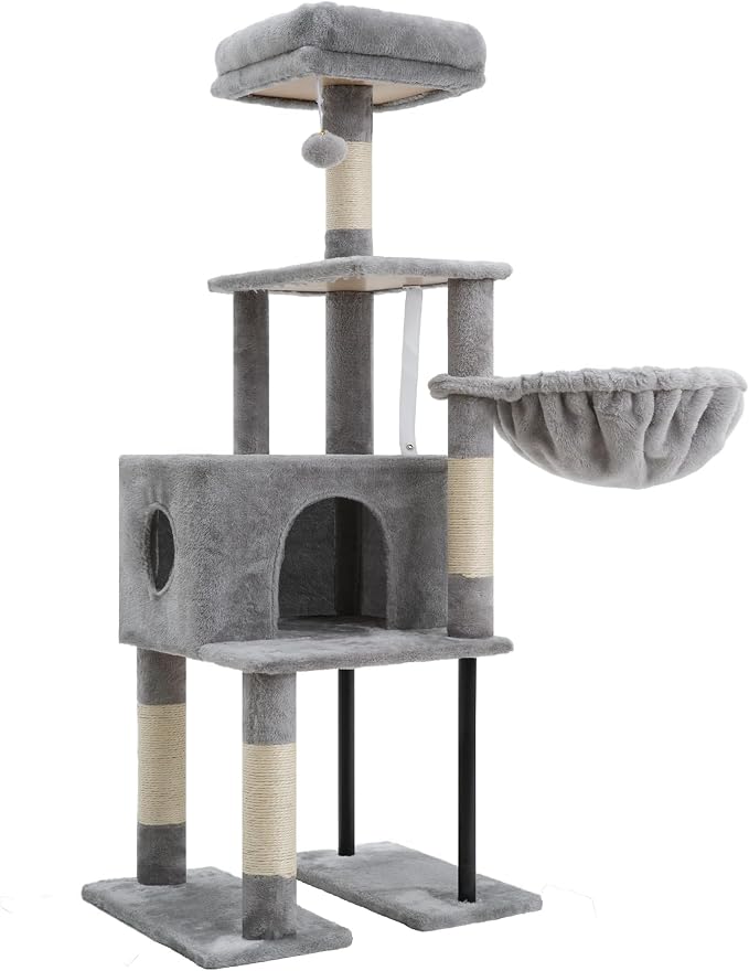 Heybly Cat Tree with Toy, 49.2 inch Cat Tower for Indoor Cats HCT200SW-1 | Spacious Cat House Condo with Hidden Space，Soft Plush Top Perch，Cozy Hammock and Sisal Scratching Posts, Light Gray