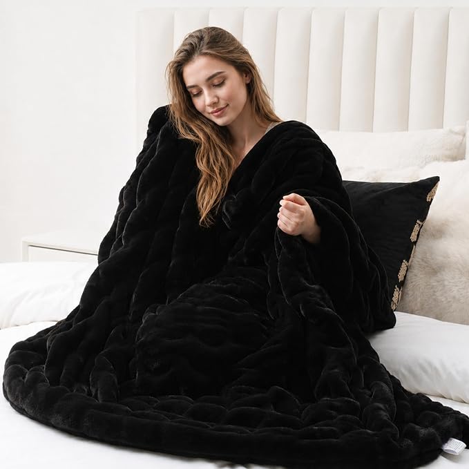 BATTILO Soft Faux Fur Throw Blanket for Couch, Double Side, 60"x80", Black | Black Throw Blanket, Bubble Blanket, Cozy Warm Fluffy Faux Fur Blanket For Bed, Sofa Living Room