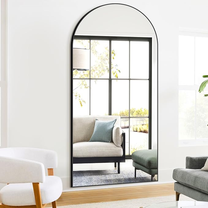 Arched Full Length Mirror, 75"x35" Standing Body Mirror for Wall, Black | Built-in Stand, HD Shatterproof Glass, Aluminum Alloy Frame, Hanging or Standing, for Bedroom, Living Room & Dressing Room
