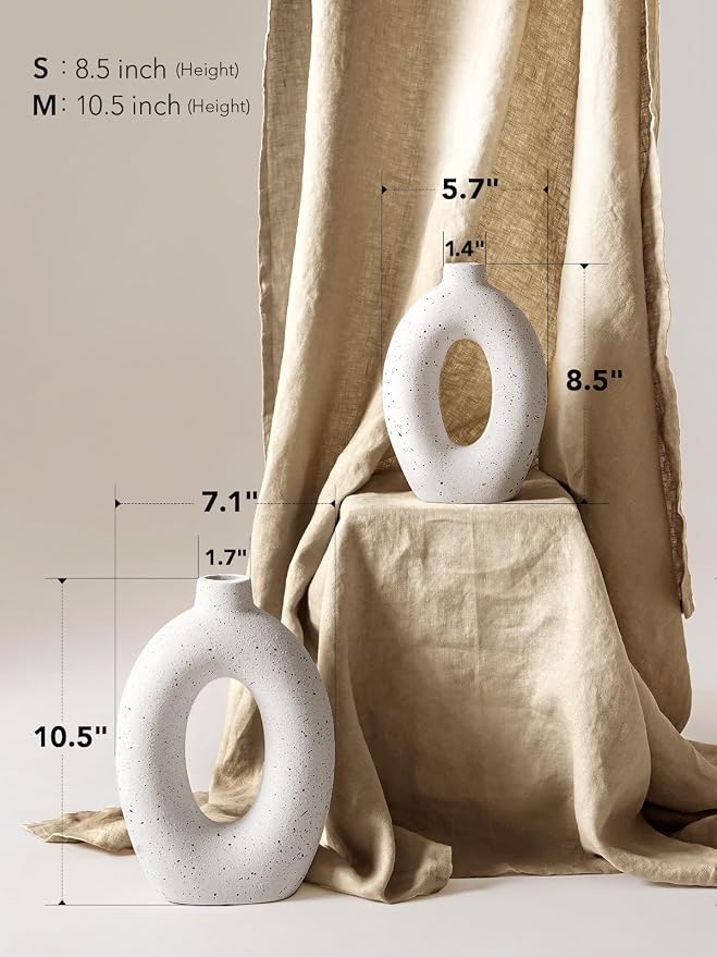 LE TAUCI Ceramic Vases Set of 2, White Hollow Donut Flower Vases, Nordic Decor Decorative Centerpiece for Living Room, Office Table, Shelf, Mantel, White Speckled (H10.5”xW8.5”)
