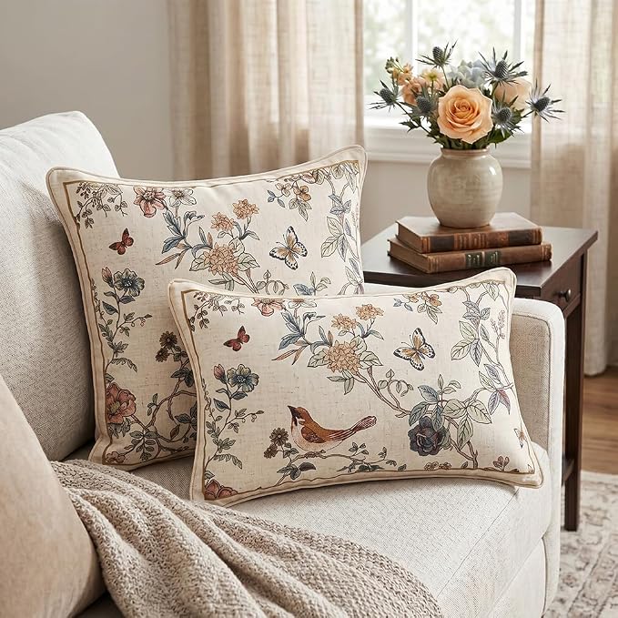 Designer Linen Throw Pillow Cover,Set of 2,20"x12"-Cornucopia A | Elegant French Rectangle Pillow Cover,Concealed Zipper,Floral and Bird Pattern,Sofas,Bedroom,Living Room,Lounge Chairs