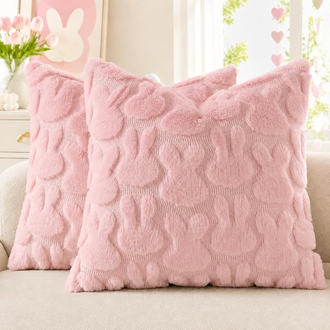decorUhome Pink Faux Fur Bunny Throw Pillow Covers 20X20 Set of 2 | Plush Soft Wool Jacquard Pink Rabbit Cushion Covers, Modern Farmhouse Easter Holiday Decor PillowCases for Sofa Bed