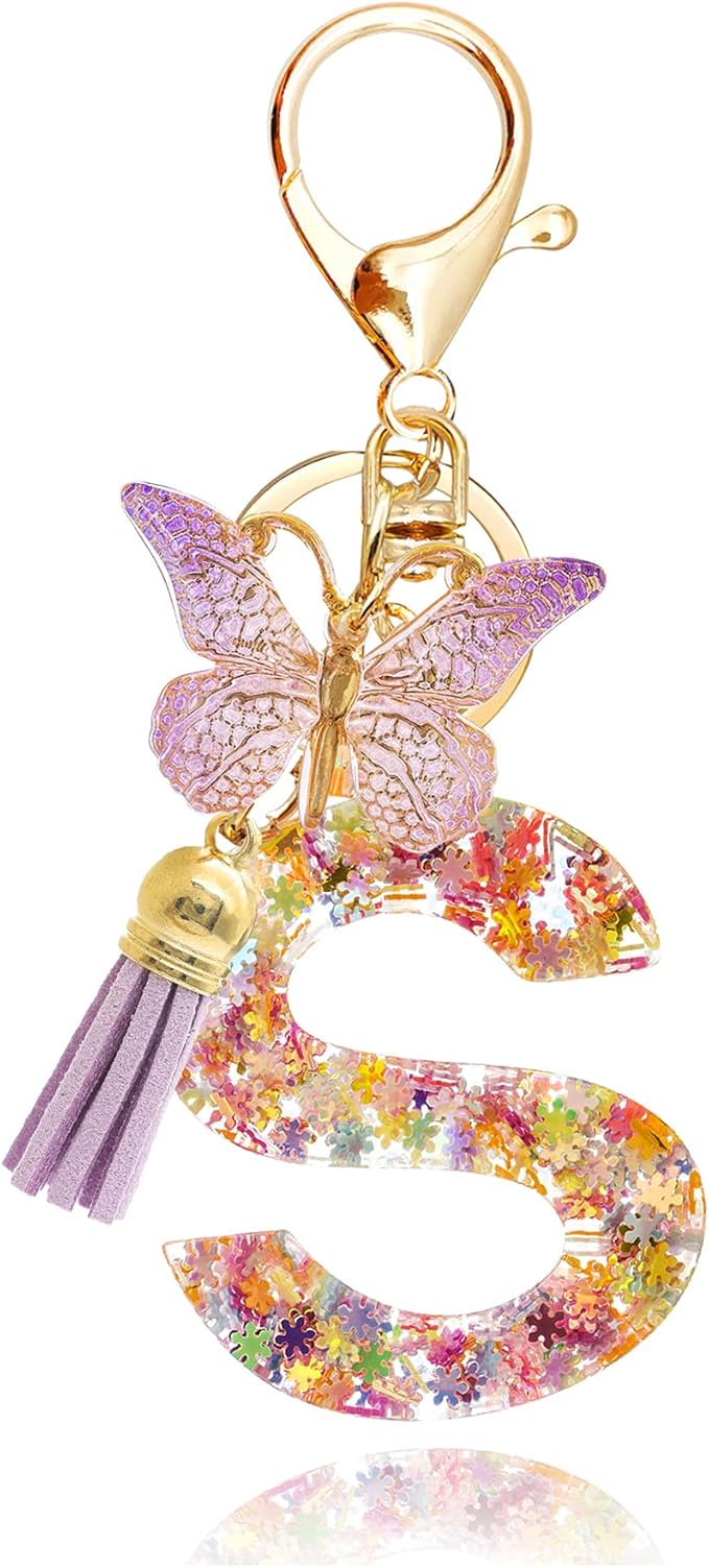 Fashion Alphabet Initial Letter Keychain Tassel Butterfly Pendant Key Ring for Purse Handbags Women Girl