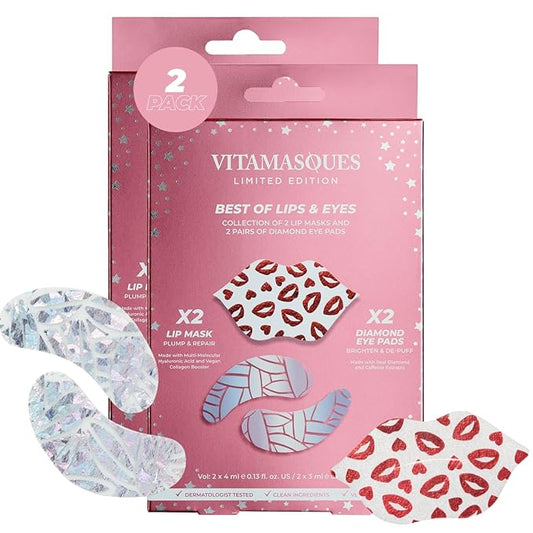 Vitamasques Under Eye Patches & Lip Mask Sheets, Best of Eyes & Lips Set 2 Packs - Eye Patches for Puffy Eyes - Under Eye Masks for Dark Circles and Puffiness - 2 x 4 Packs - 8 Pads